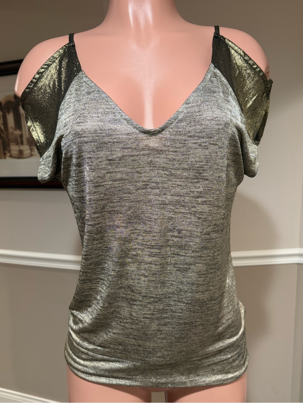 Cache Metallic Olive Cold-Shoulder Cami Top
